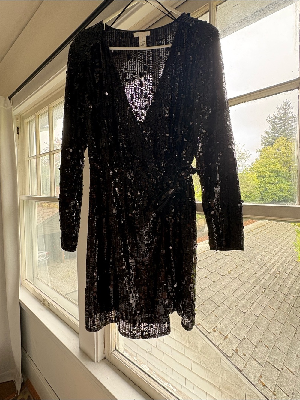 H&M Black Sequin Long Sleeve Wrap Dress